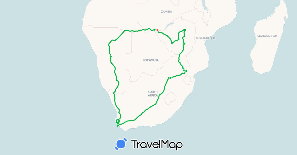 TravelMap itinerary: driving, bus, hiking in Namibia, South Africa, Zambia, Zimbabwe (Africa)